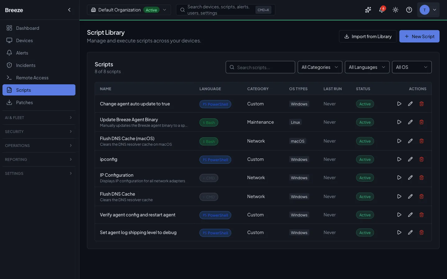 Breeze Script Library showing scripts with language, category, OS, and status